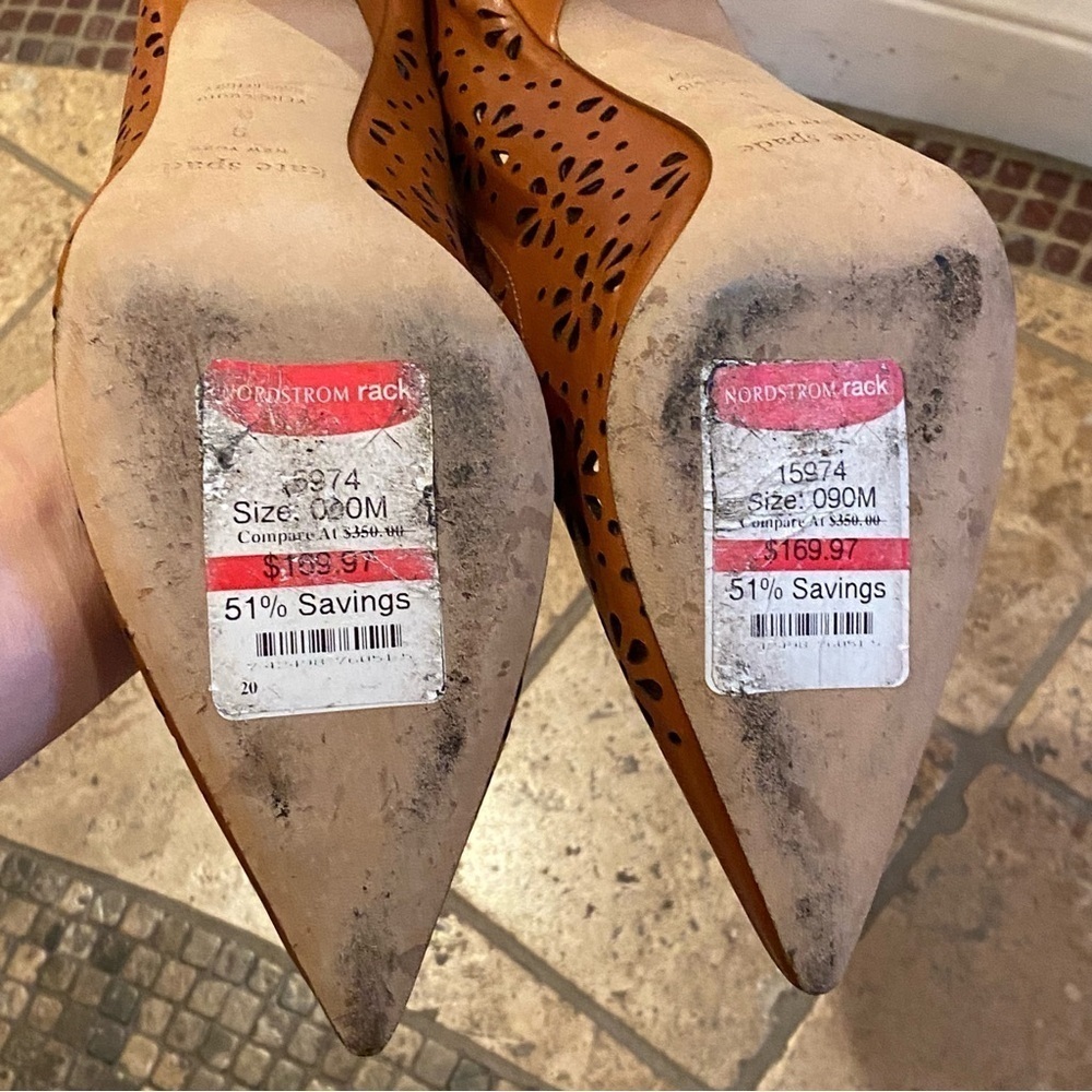 KATE SPADE Lana Brown Tan Laser Cut Floral Leather Pointed Toe Pumps Size 9B - Picture 9 of 10